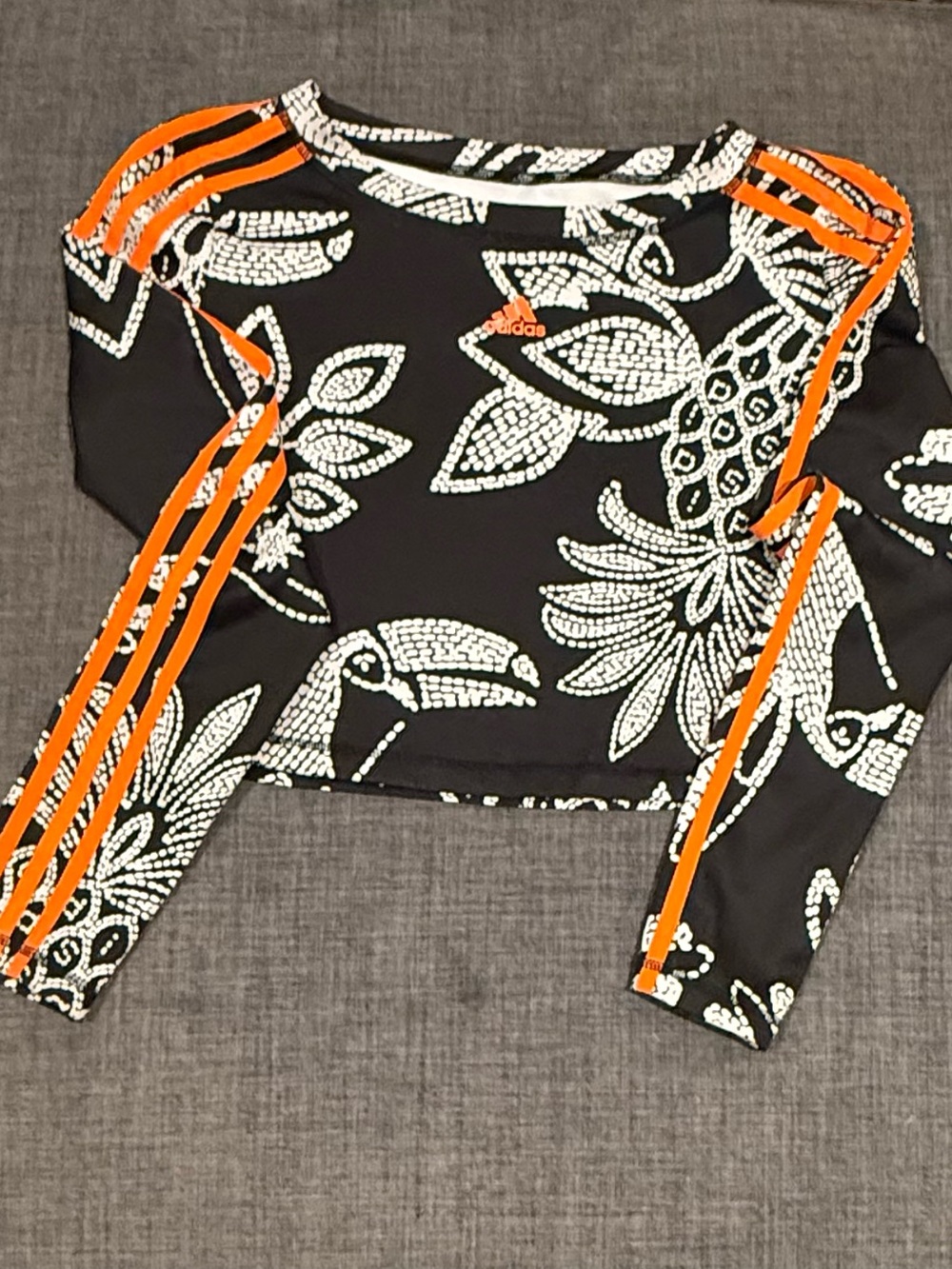 adidas X Farm Rio Black & White Floral Long-Sleeve Crop Top with Orange Stripes